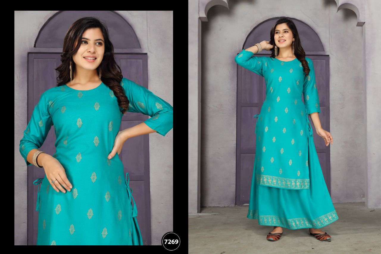 Golden Muskan 3 Heavy rayon Festive Wear Kurti With Skirt Collection